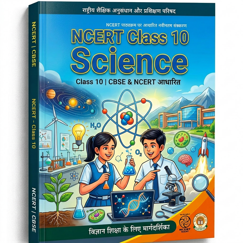 Cover of Class 10 Science textbook showing students with scientific equipment and illustrations of atoms, solar system, and biology